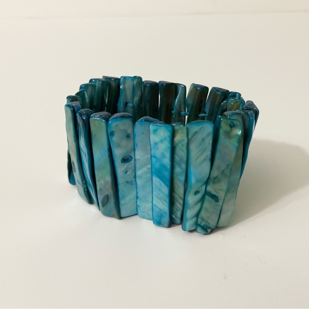 Vtg Blue Abalone Bead Bracelet Wide Cuff Stretch Bracelet